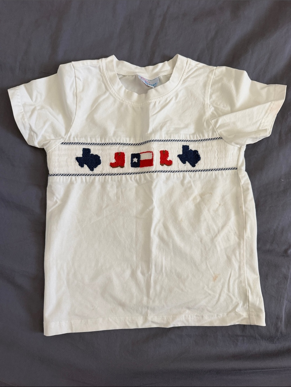 Kids White Smocked Tee with Red & Navy Texas Motifs size 5